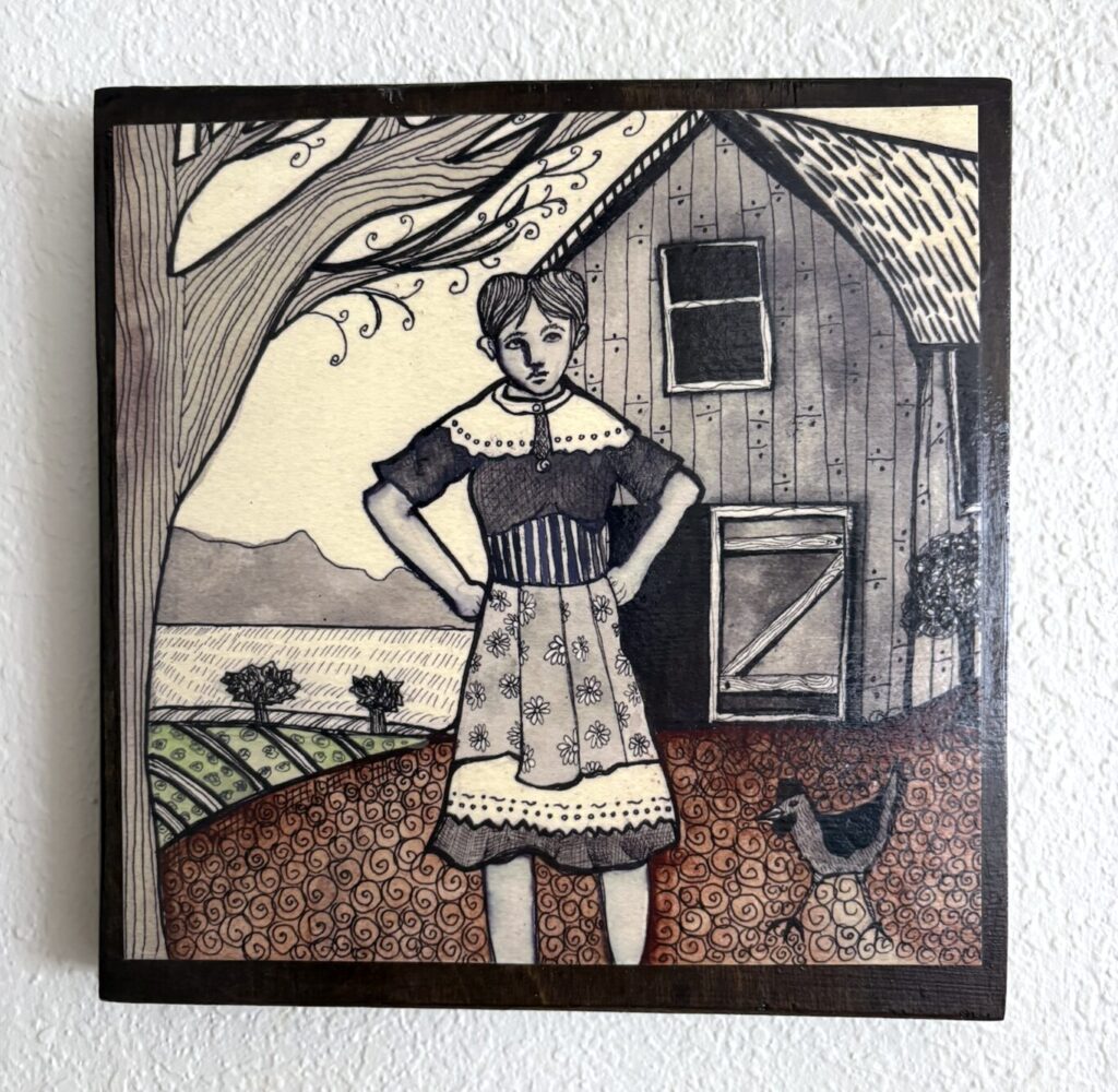 Photo of a piece of art showing a person wearing a dress and standing in front of a barn, next to a tree, with open farmland behind them and hills in the distance. A chicken is walking next to them.