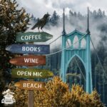Crow atop a post full of signs, with St Johns Bridge in background.