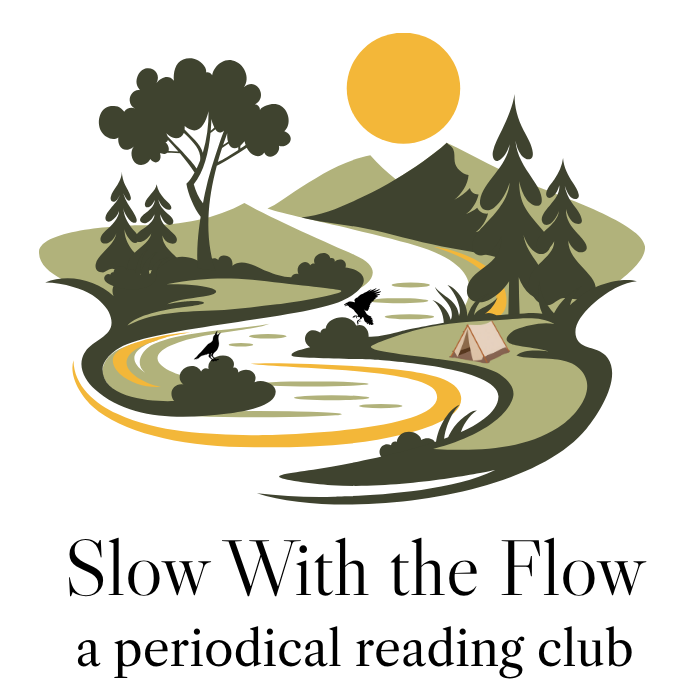 Event logo for "Slow With the Flow: A Periodical Reading Club," featuring a serene illustration of a winding river, trees, a tent, and birds under a sun, with the event name displayed below.