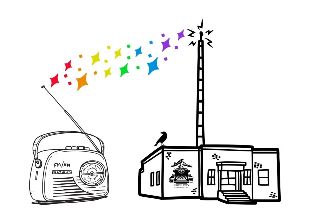 A black and white illustration. On the right, a flat-roofed building features a tall radio transmission tower, a silhouette of a bird perched on the roof's edge, and a logo of a typewriter on the side. A colorful, rainbow-gradient stream of star shapes arcs through the air, traveling from the building's transmission tower to the extended antenna of a retro portable FM/AM radio sitting on the left.